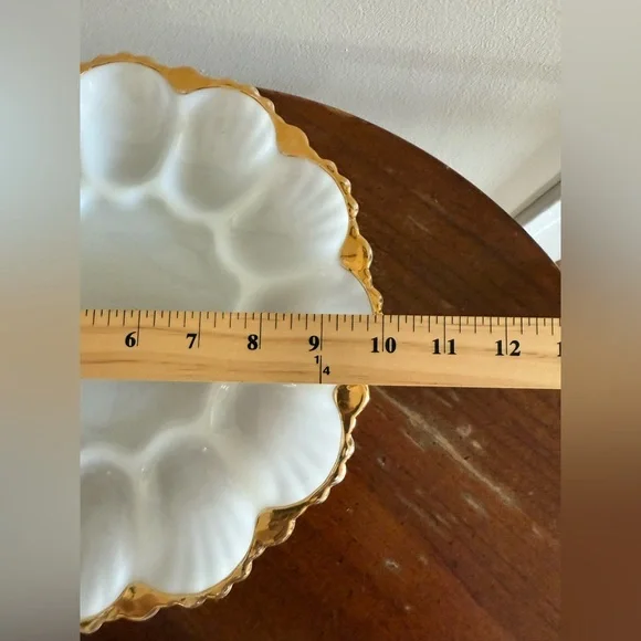 Lot of 2 Anchor Hocking Fire King Milk Glass Deviled Egg Gold Trim + Relish Tray - Picture 8 of 9